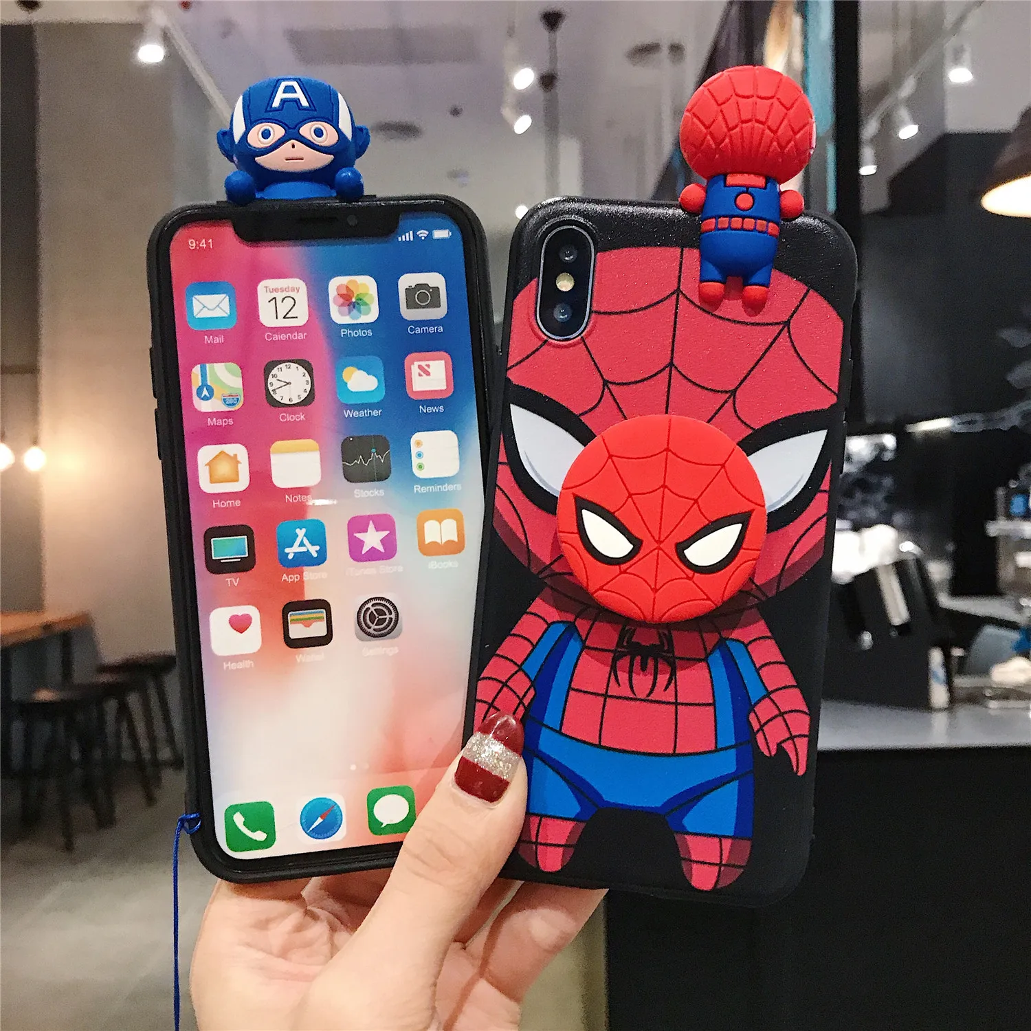 For iPhone 6 6s 7 8 X Xs Max XR 11 12 13 14 15 Pro SE Max Spiderman Iron Man Captain America Phone Case With Holder Strap Rope