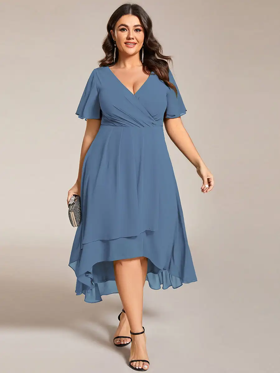 

Plus size Evening Dresses Ruffles Sleeve Pleated V-Neck Midi 2025 Ever pretty of A-Line Dusty Navy Chiffon Wedding Guest Dress