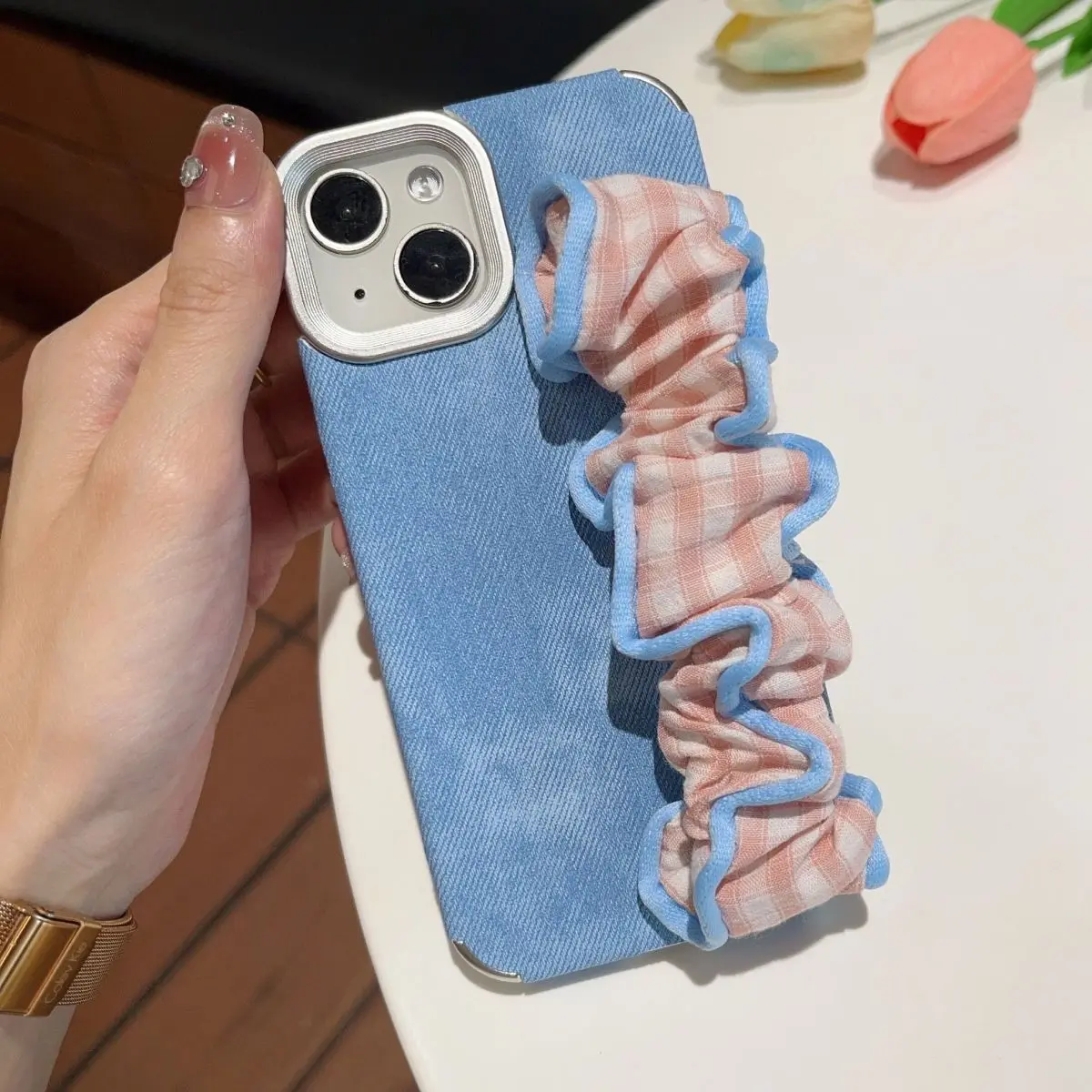 

Phone Case For iphone 16 15 14 13 12 Pro Max New INS Denim Texture Anti-fall Protective Cover With Contrast Elastic Wristband