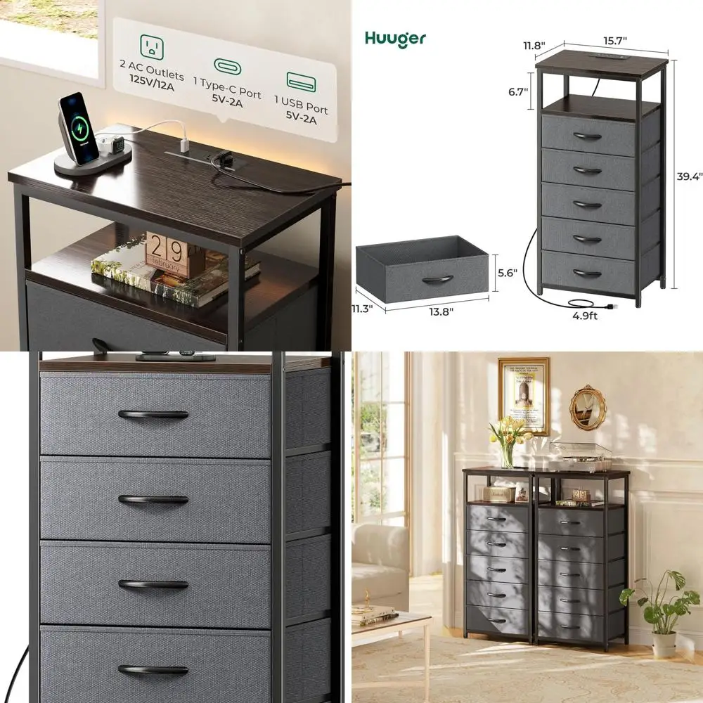 

Walnut 5-Drawer Dresser with Charging Station, Bedroom Storage Furniture, Tall Nightstand, Chest with Open Shelf, Fabric Entrywa