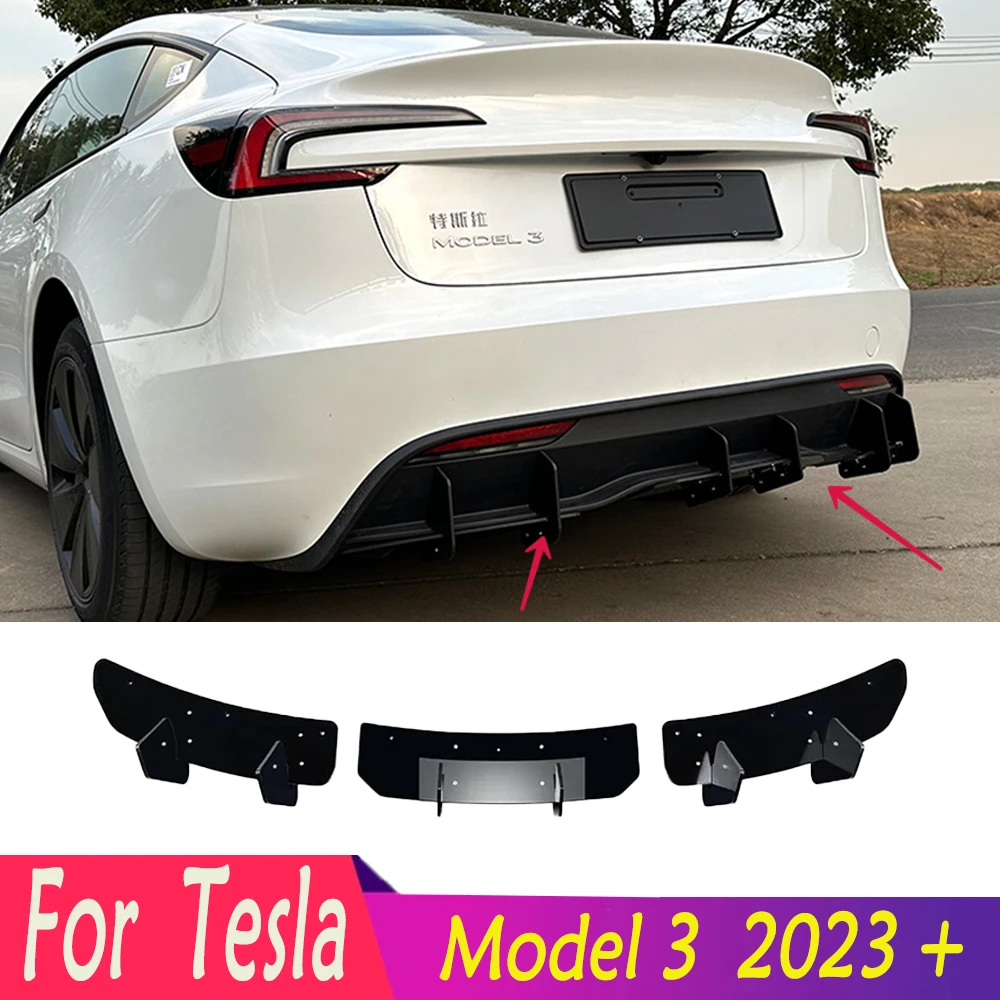 New For Tesla 2023+ Model 3 High Quality Gloss Black Rear Bumper Diffuser Lip Tail Diffuser Guard Protector Fit Body Kits