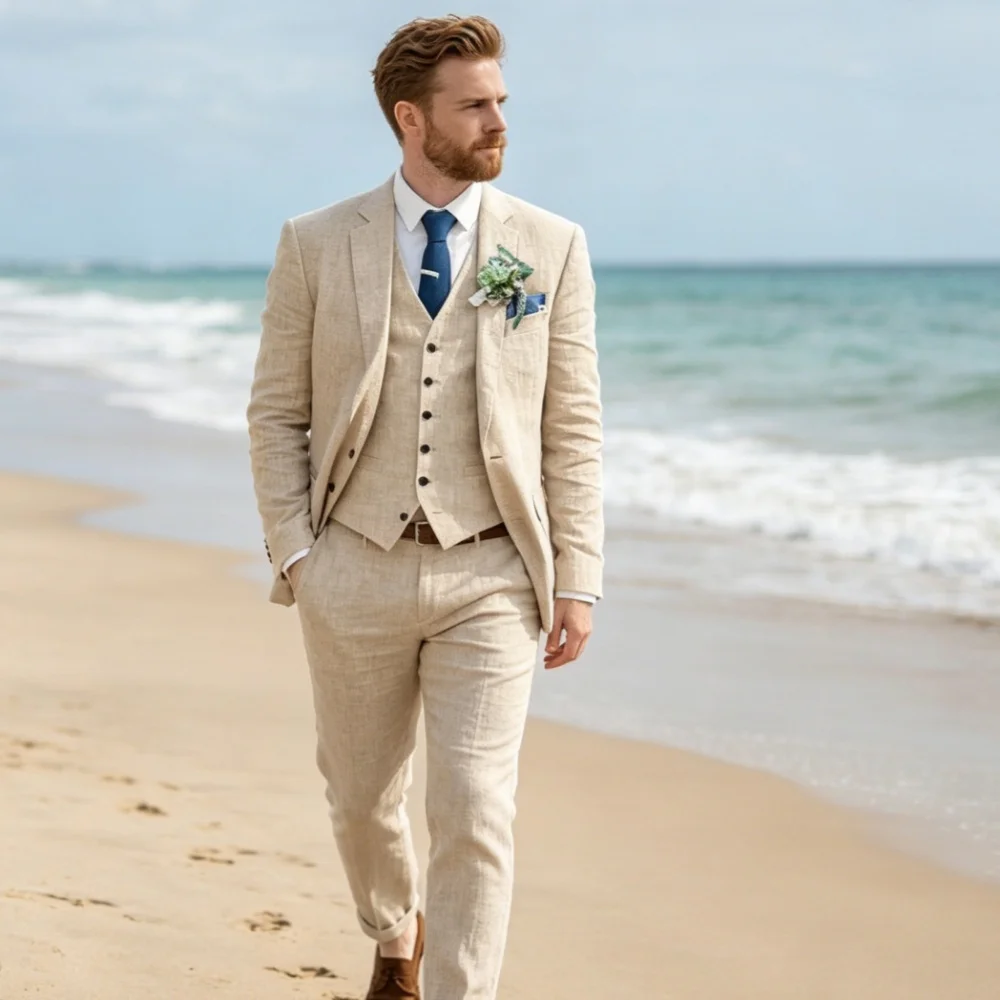 

Men's Suits 3 Pieces Linen Slim Fit Two Buttons Casual Summer Beach Men's Suits Wedding Set（Blazer+Vest+Pants）