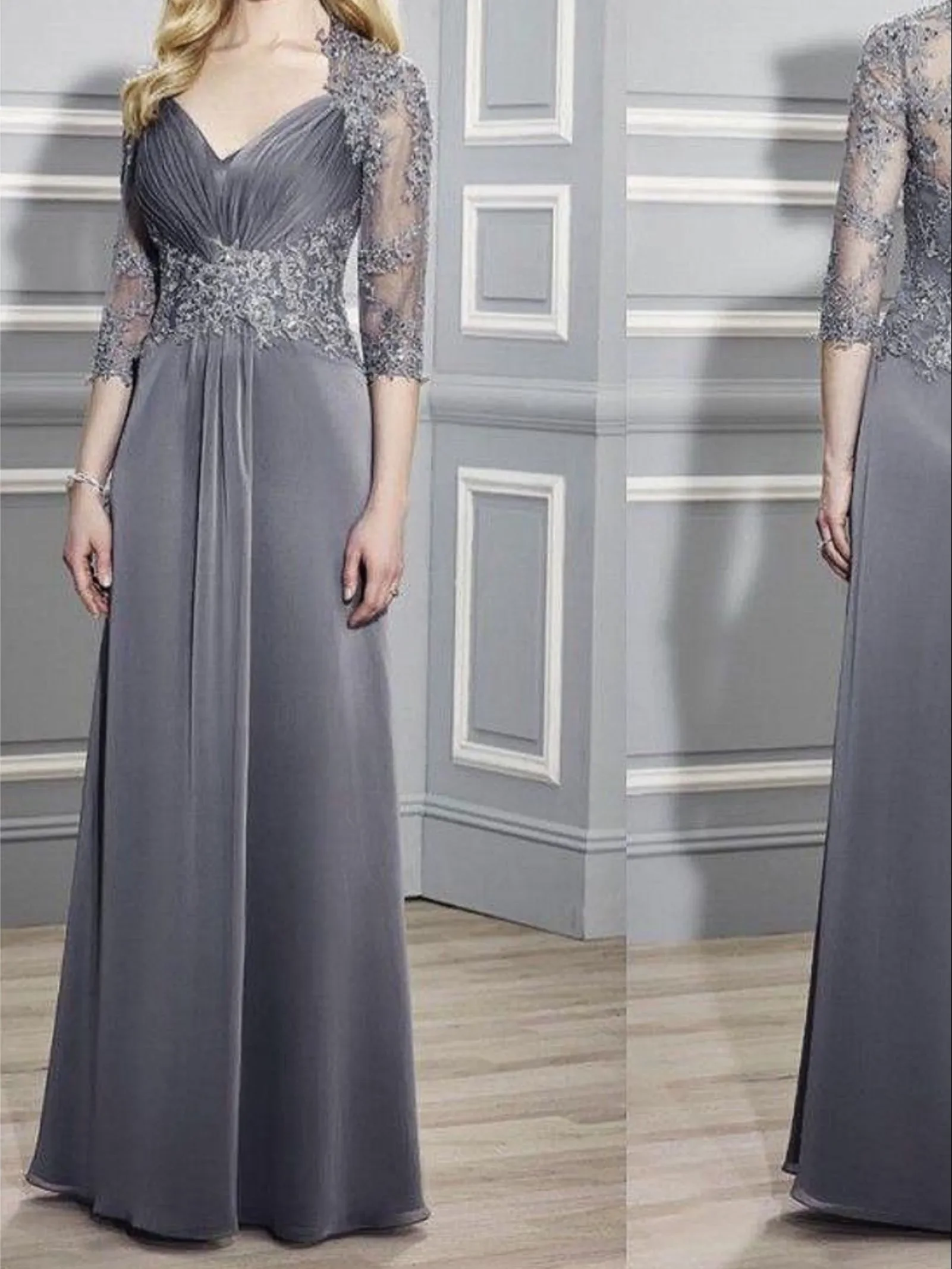 Gossamer-Robes mère de la mariée à col en V gris, appliques, demi-manches, longueur au sol, mariage, Rh, soirée, quel que soit le formel, 2025