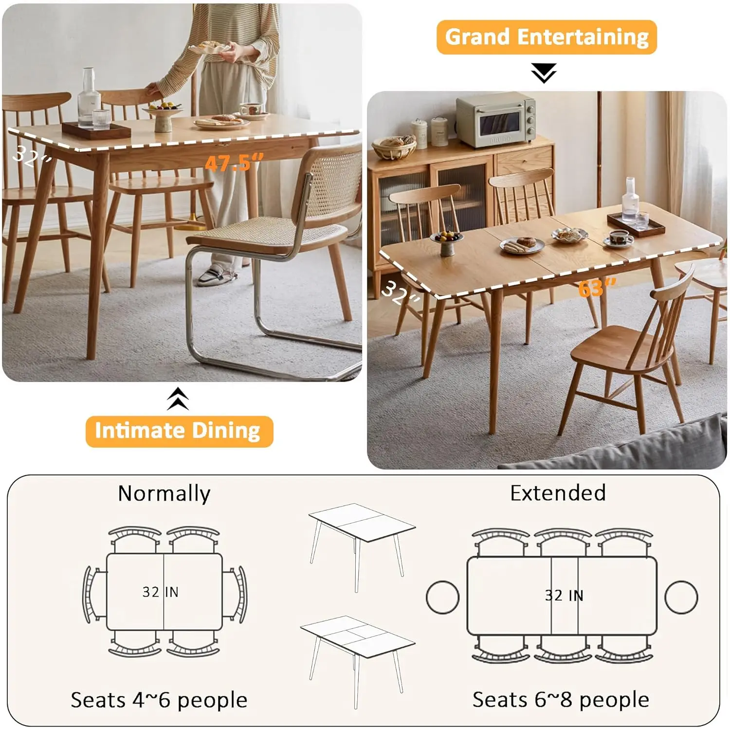 #Solid Oak Extendable Dining Table for 4-6 People, 47.2 to 63 Inch, Seamless Expansion, Round Corner Design with, Customized