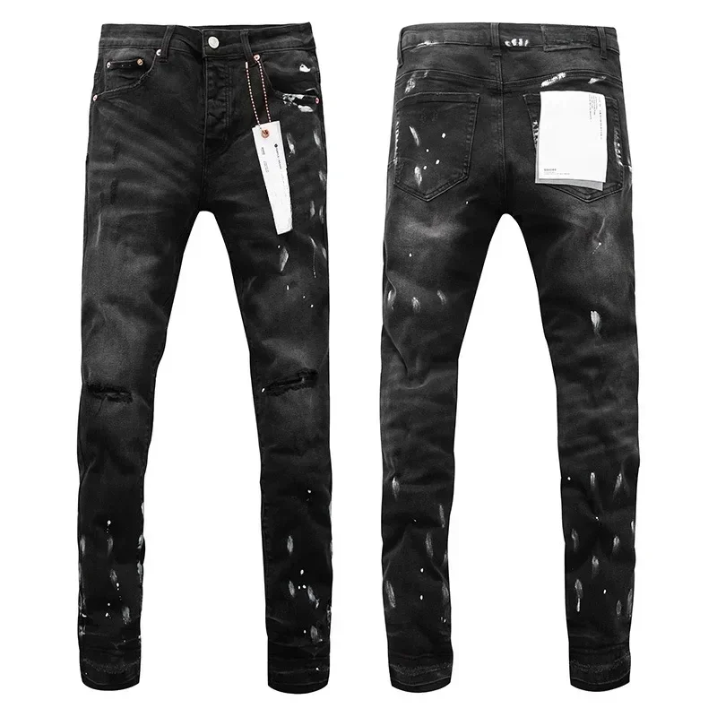 

Top quality Purples jeans Men American streetwear splash ink to make old black brand washed Stylish and slim pants