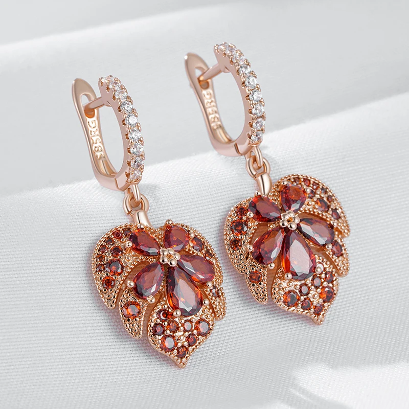 Kinel التصميم الأصلي لامعة الأحمر الطبيعي الزركون مابل ليف أقراط للنساء موضة 585 ارتفع الذهب اللون اليومية غرامة مجوهرات #4