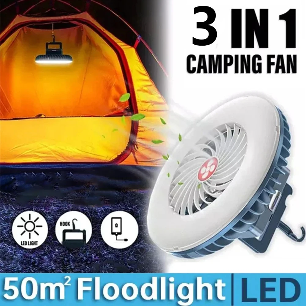 Multifunction LED Camping Fan Light USB Charging Electric Fan Camping Tent Lamp Outdoor Portable Summer Fan Light with Hooks