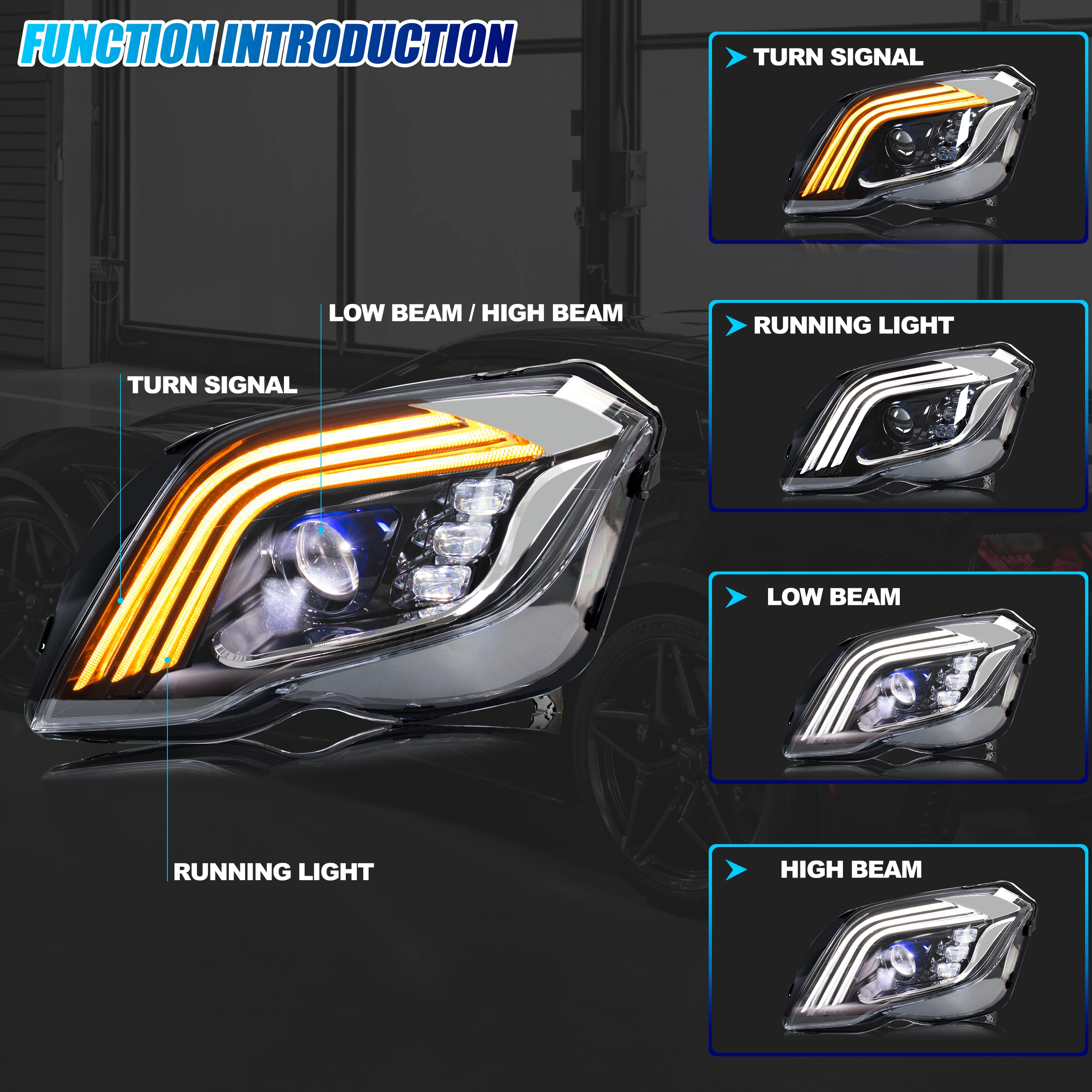 المصابيح الأمامية LED لمرسيدس بنز GLK350 GLK300 GLK250 X204 2013-2015 DRL العارض متتابعة بدوره إشارة مجموعة المصابيح الأمامية