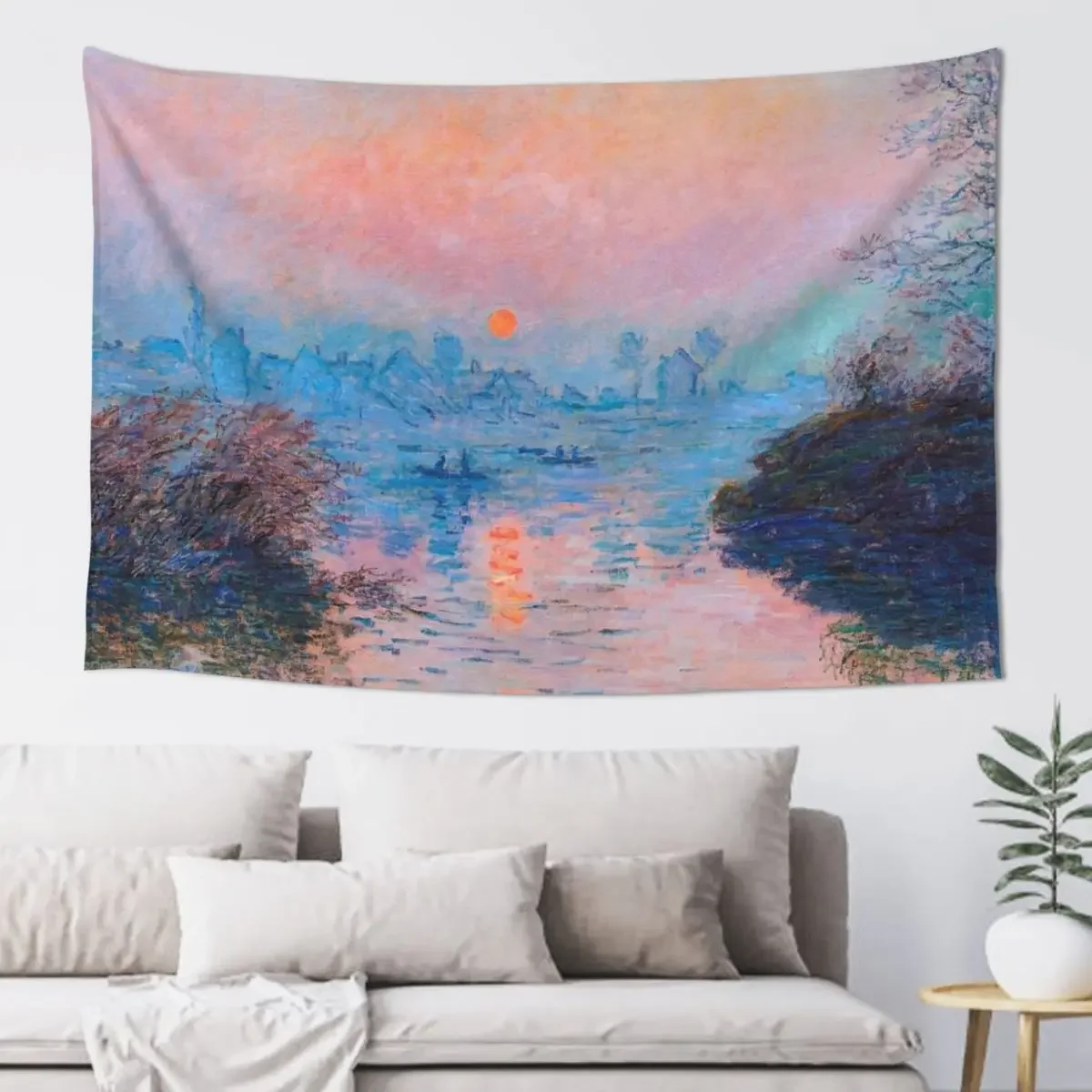 Sunset on the Seine at Lavacourt Winter Effect by Claude Monet Tapestry Wall Coverings Cute Room Things Outdoor Decor Tapestry