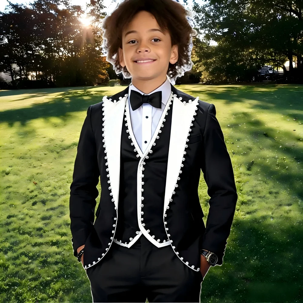 

Black Suit For Boy Beaded Kid Wedding Tuxedos Formal Wear Birthday Stage Performance Costumes 3PCS Set Blazer Vest Pants Set