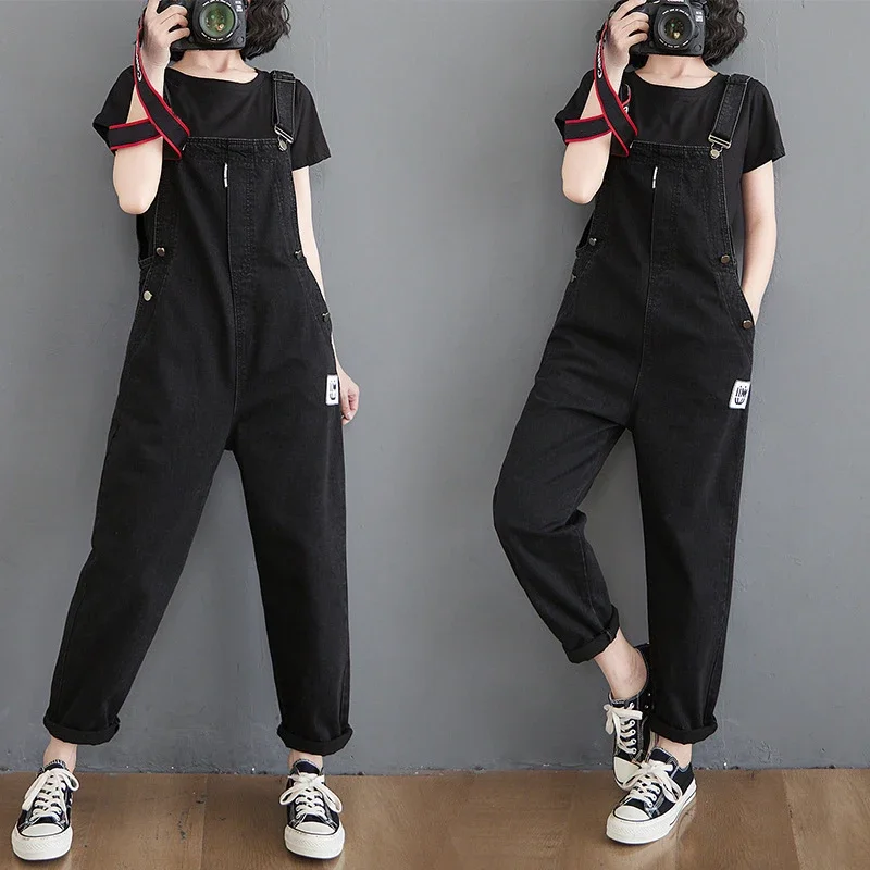 Black Jeans Jumpsuit Women Spring Fashion Side Button Sleeveless Denim Overalls Woman Casual Loose Denim Romper