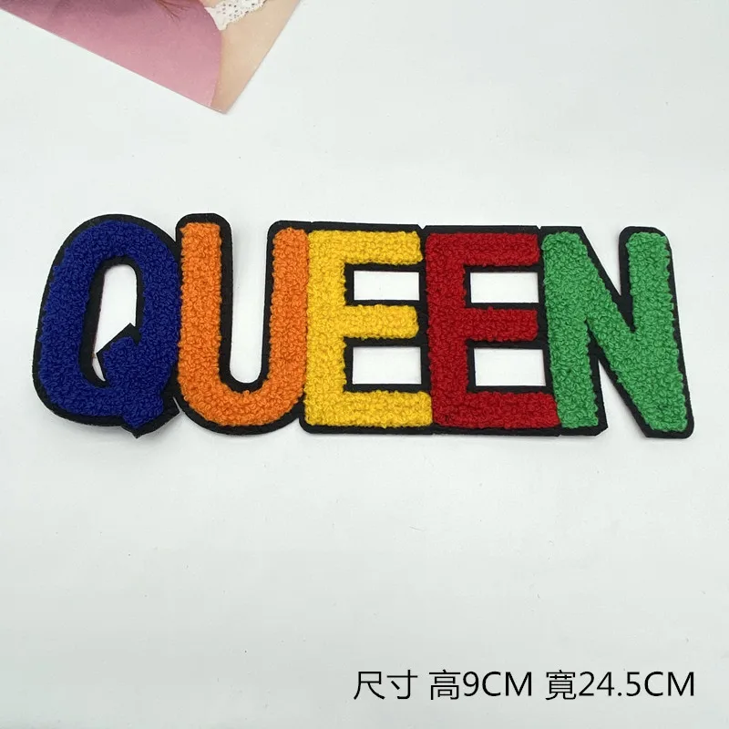 20pcs/Lot Luxury Large Towel Embroidery Patch Happy Queen Extra Letter Shirt Bag Clothing Decoration Accessory Craft Applique