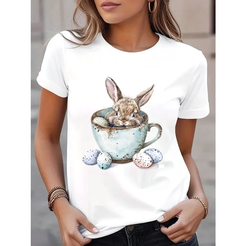 Easter Bunny Print Summer Casual T-shirt Round Neck Pure Cotton Short Sleeved Sports Tee Women's Round Neck Holiday Trendy Top