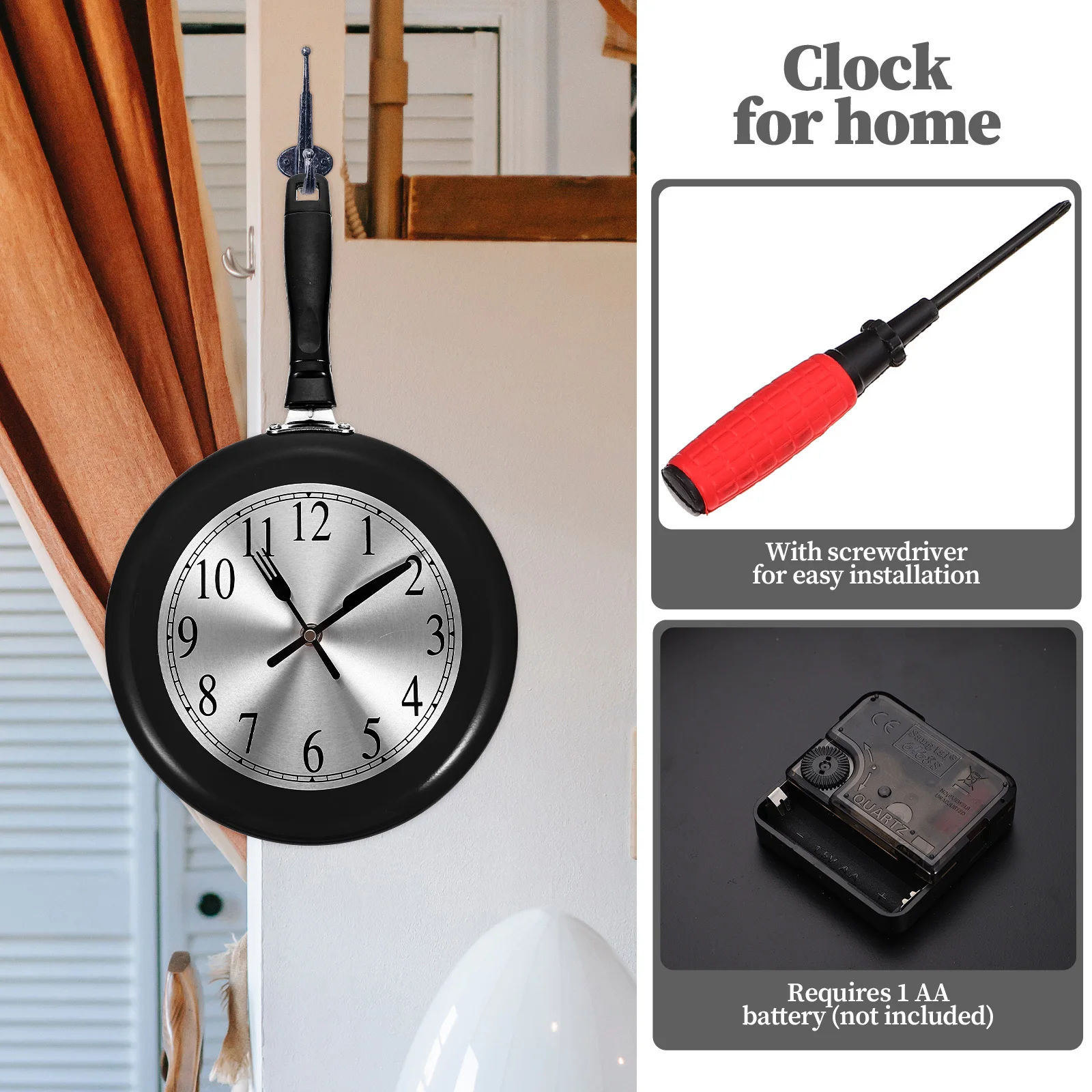 1Set Decorative Frying Pan Wall Clock Silent Non-Ticking Sweep Operated Wall Hanging Clock for Home Living Room
