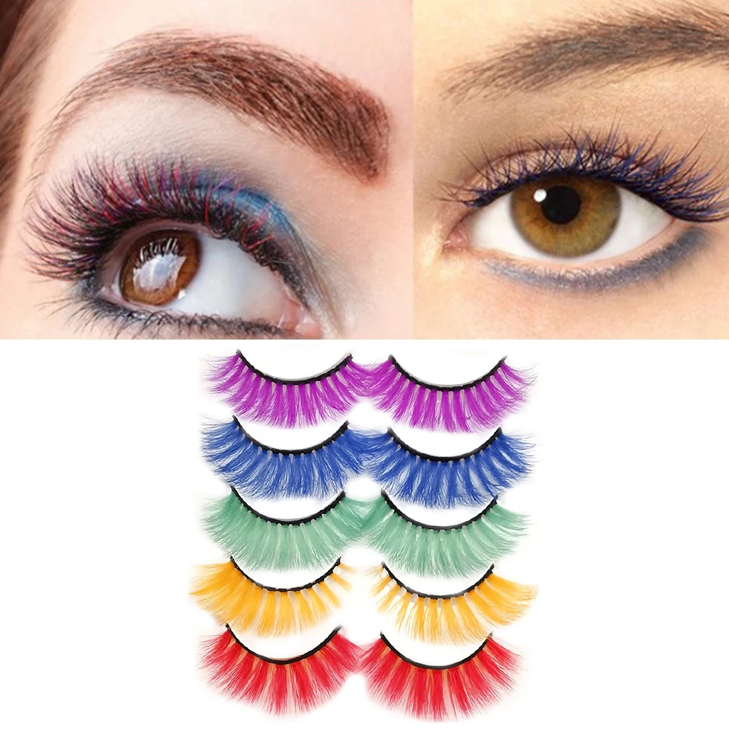 5 Pairs Colored False Eyelashes 3D Handmade Natural Look Long Curly Thick Lashes Full Volume Eye Makeup Beauty Accessory for