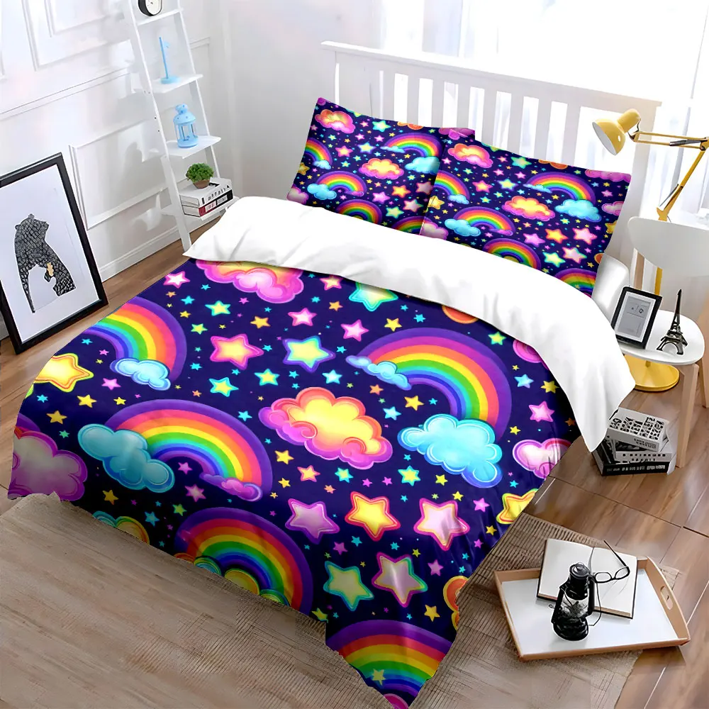 Rainbows, stars, and dreamy clouds Duvet Cover Set with 3D Printing Design Soft Polyester Bedding Set All-Season Comfort