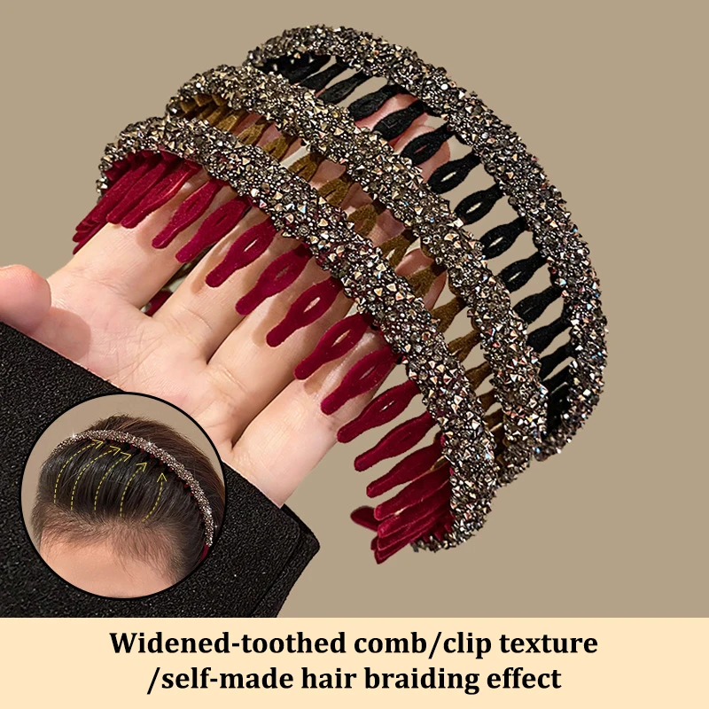 Fashion Flocking Acrylic Rhinestone Bezel Hair Hoops for Women Ladies Solid Color Toothed Non-Slip Headband Hair Accessories