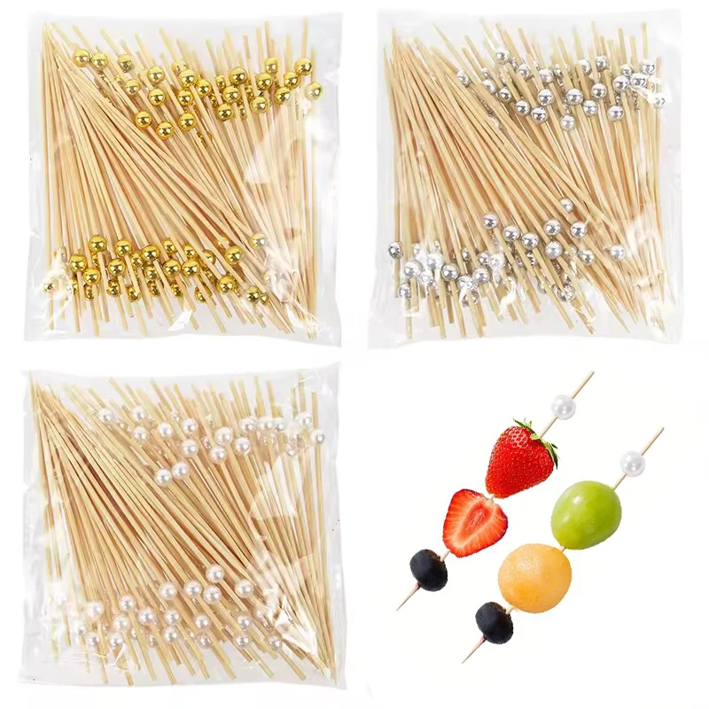100 Uds. Tenedor de fruta desechable, brochetas de bambú con perlas, pastel de fiesta, postre, cóctel, tenedores Prikkers, decoración para fiesta de cumpleaños y boda