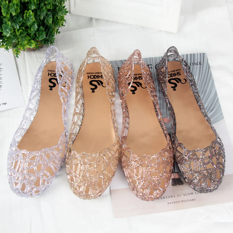 Summer women sandals flat-soled crystal clogs hollow flat-soled slip-ons shallow mouth Roman jelly shoes beach sandals