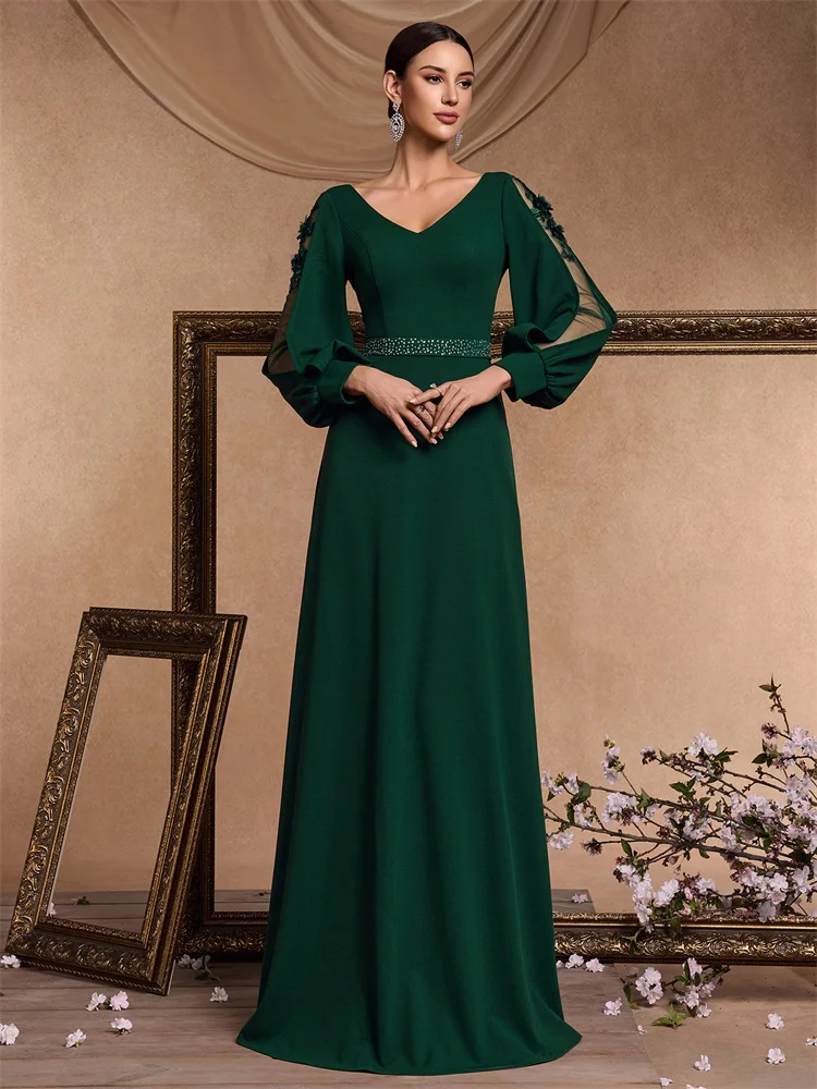 Lucyinlove Luxury Empty Long Sleeves Floor Length Formal Evening Dress Women 2024 Elegant Weedding Party V-neck Cocktail Prom