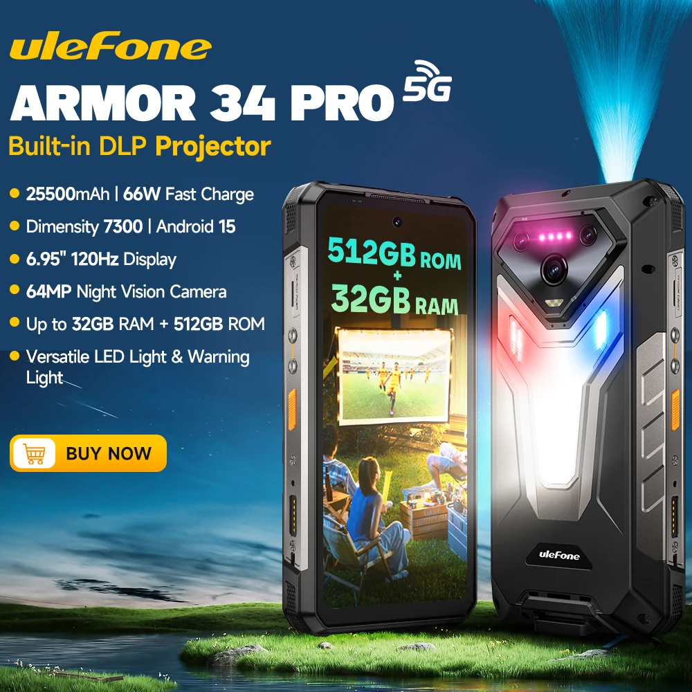 

【2025 New】Ulefone Armor 34 Pro 5G AI Rugged Phone Smartphone Android 15 32GB+512GB 25500mAh Night Camera Built-in Projector