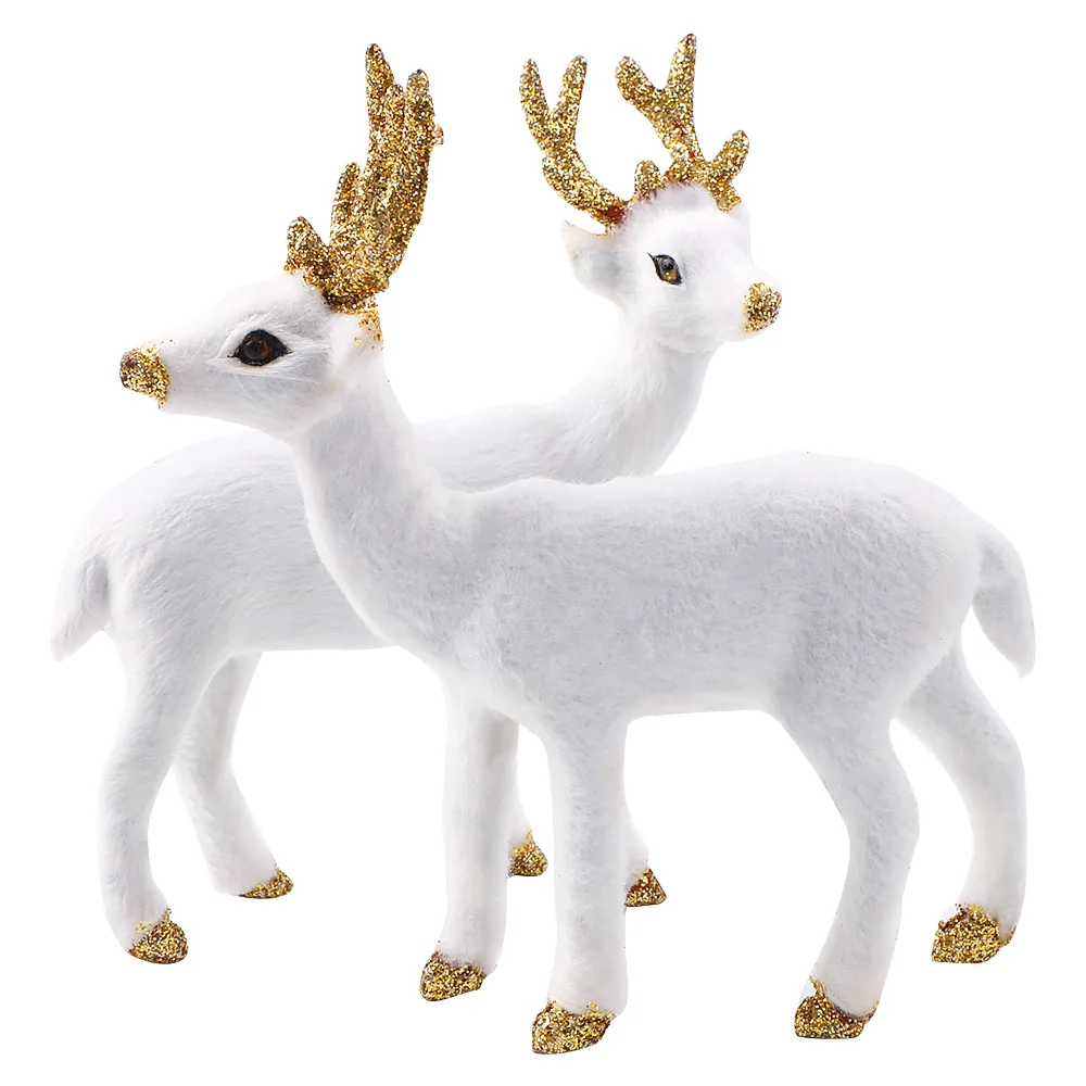 Christmas Reindeer Figures 2 Pcs White Reindeer Art Animal Ornament Miniature Forest Animals Figures Simulation Standing Deer