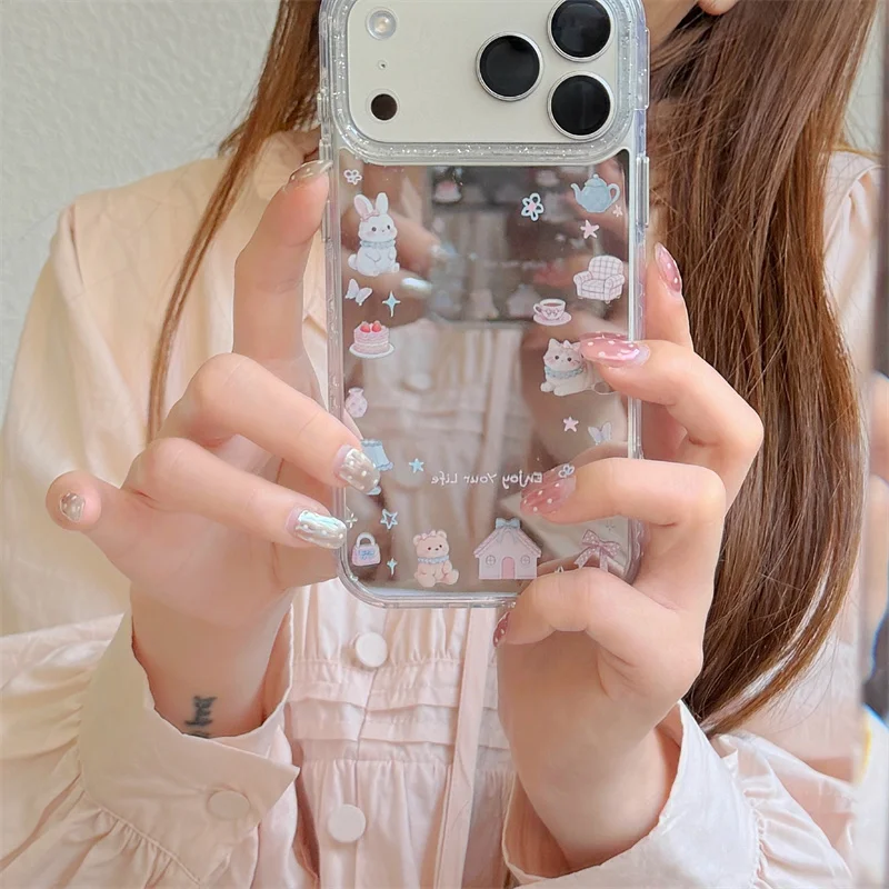

Fashion Ins Cute Rabbit Bowknot Cake Mirror Phone Cover For iPhone 17 Pro Max 16 15 Pro 14 Pro Max Protective Cover Cartoon Case
