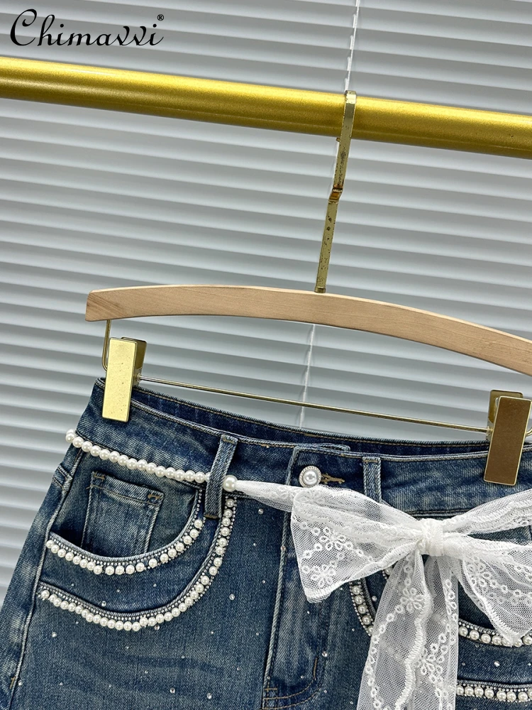 Fashion Anti-light Denim Short Skirt Women's 2025 Summer New Heavy Hot Diamond Beads High Waist Slim Short A-shaped Skirts