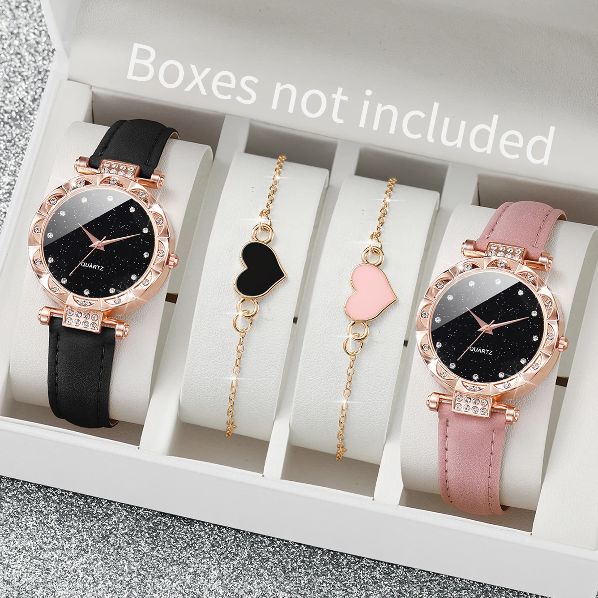 4PCS/Set Fashion Rhinestone Women\'s Quartz Watch Leather Band Analog Watches Heart Bracelets Set（Without Box）