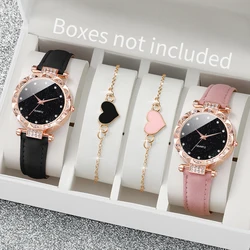 4PCS/Set Fashion Rhinestone Women's Quartz Watch Leather Band Analog Watches Heart Bracelets Set（Without Box）