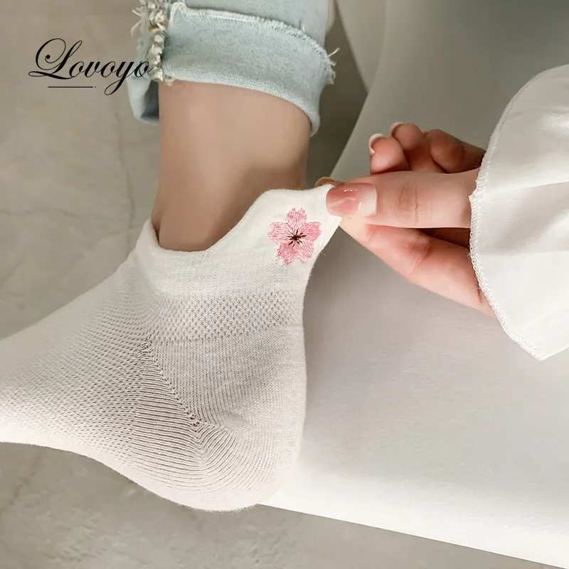 New Spring CottonEmbroidered Breathable Mesh White Socks Female Cute  Sakura Bowknot Short SocksCasual Funny Ankle Socks