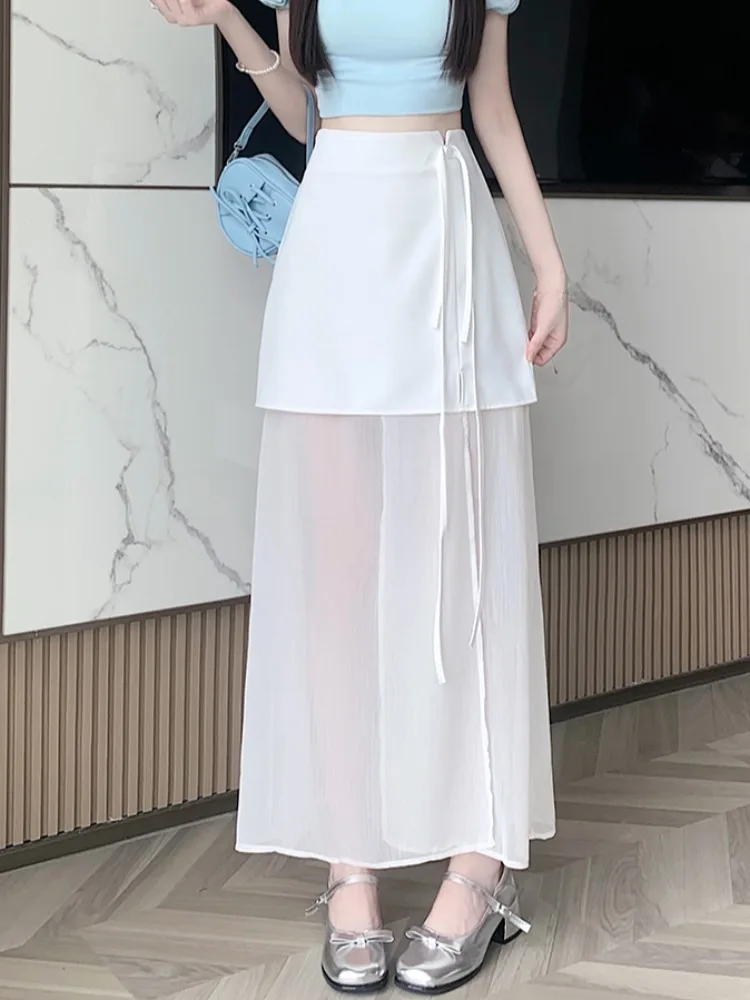 تنورة نسائية صغيرة عالية الخصر صيفية شبكية على شكل حرف A تنانير طويلة