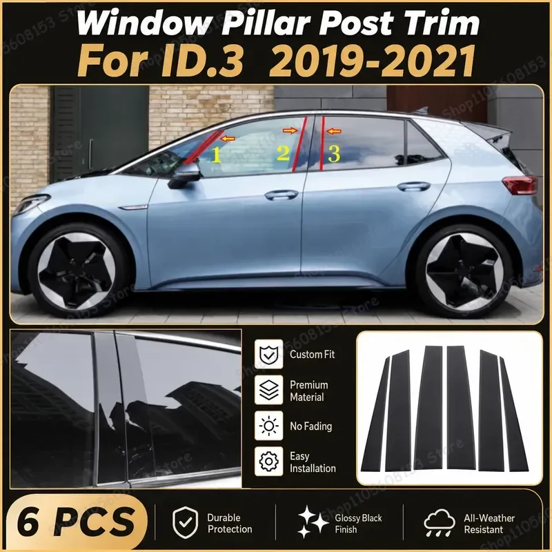 For Volkswagen ID3 ID4 ID6X 2019-2023 Pillar Trim Sticker Door Frame Decorative Strip Black Glossy Middle Column Accent