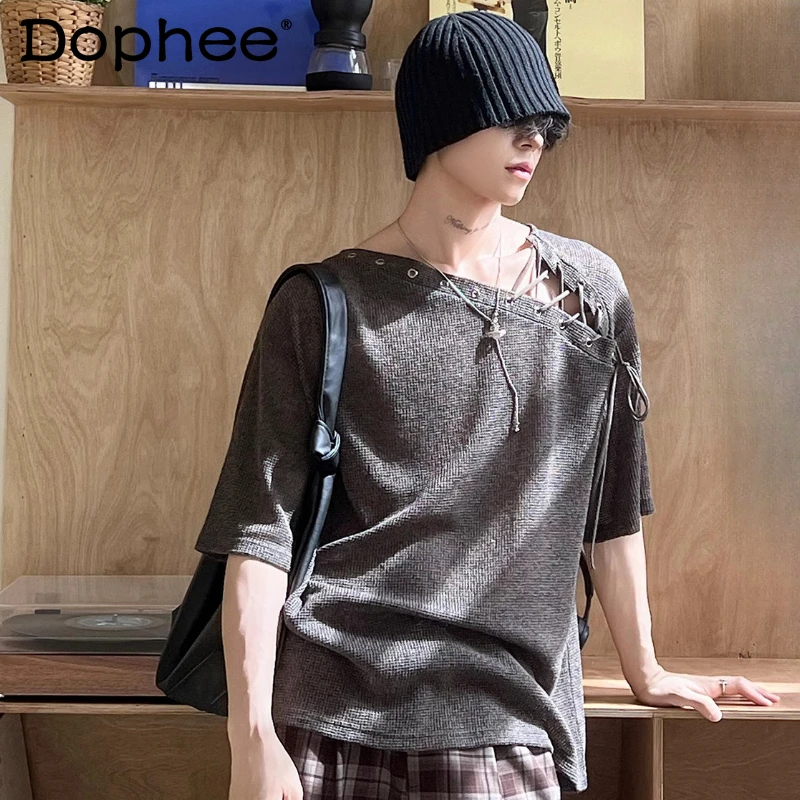 

Fashion Solid Color Irregular T-shirts Men's 2025 Summer New Thin Hollow Out Short-sleeve Tops Male Trendy Breathable Chic Tees