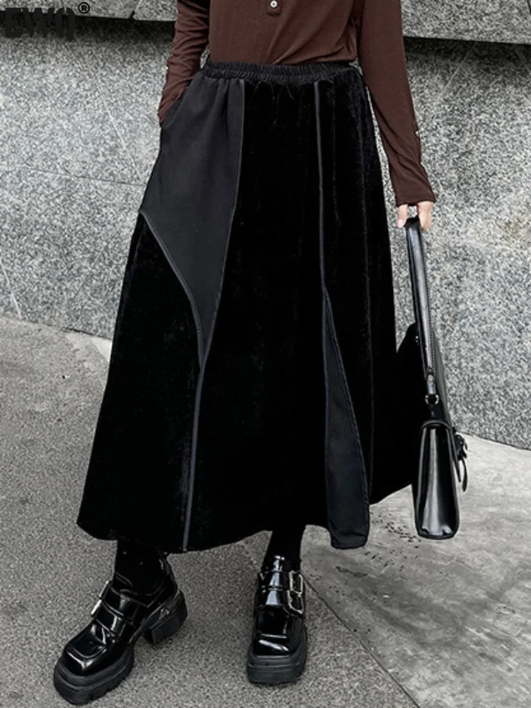 [EWQ] Vintage Style Elastic High Waist Patchwork Long Skirt Loose All-match Fashion Women Black Skirts 2024 Autumn New 16O2946