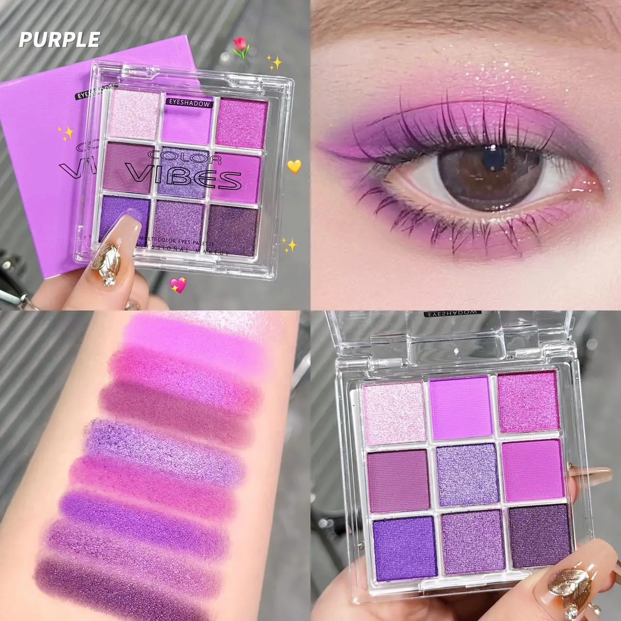 9‑Color Dreamy Purple Eyeshadow Palette, Matte Shimmer Violet Glitter Eye Makeup Palette, High Pigment Long‑Lasting for Daily