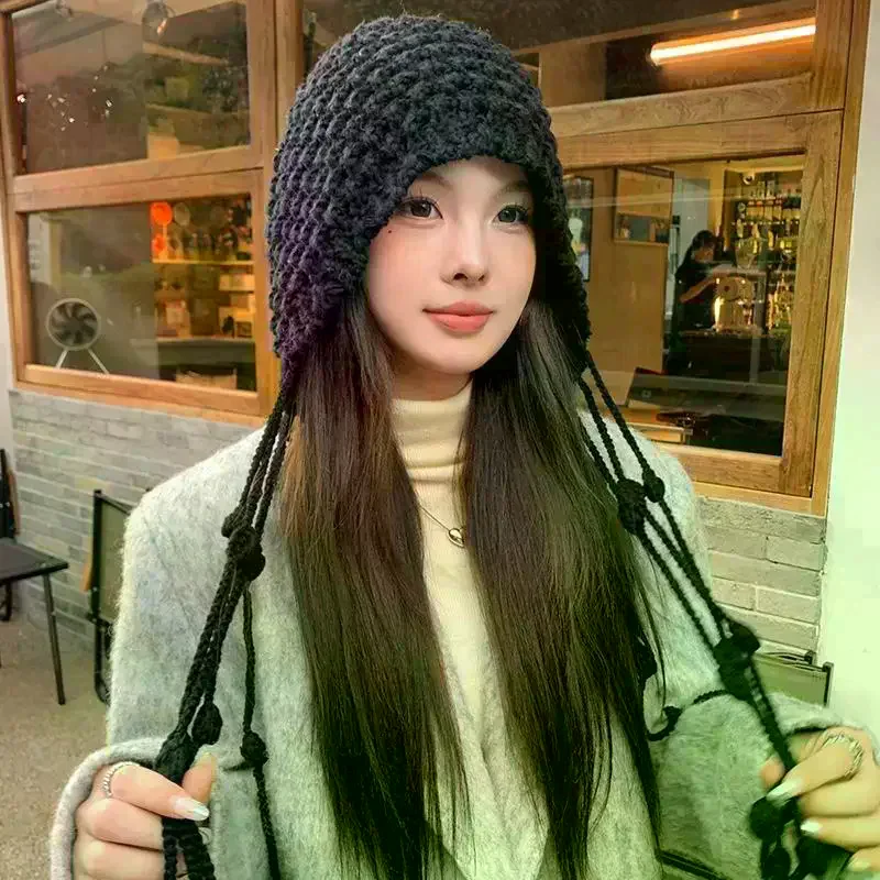 عيد الميلاد الشتاء الصوف شرابة محبوك سدادات حماية الأذن قبعة للنساء شتاء دافئ الكروشيه غطاء للأذنين قبعات فتاة البلوز قبعة بونيه