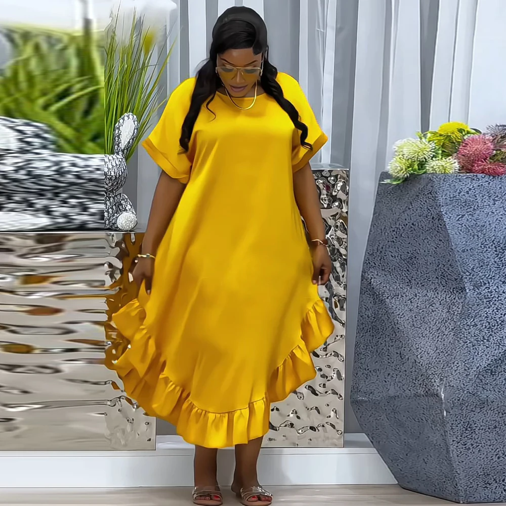 

Female Elegant Party Evening Dress 2025 Spring Summer Short Sleeves Solid Color Casual Red Midi Dresses Long Skirt For Women