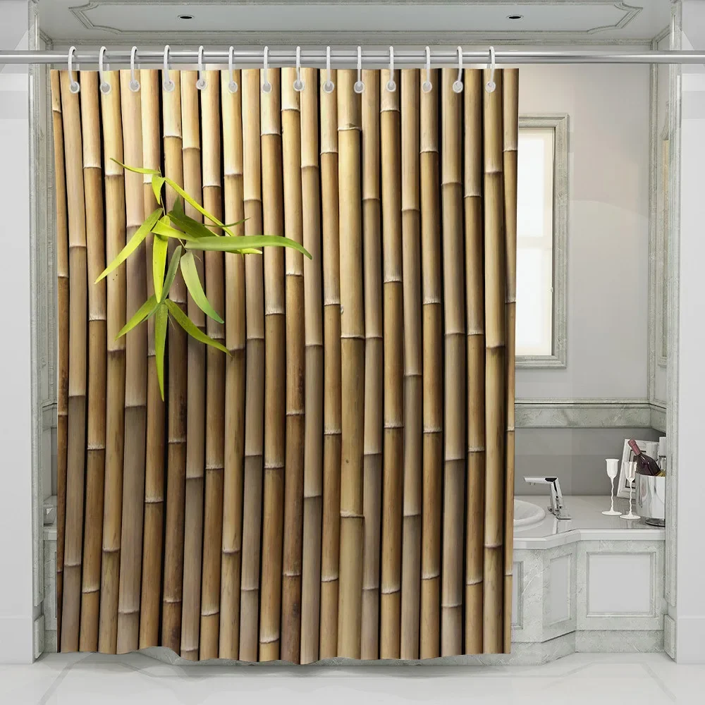 Yellow Green Bamboo Shower Curtain Bathroom Curtains Natural Scenery Waterproof Fabric Background Wall Decor Screen With Hooks