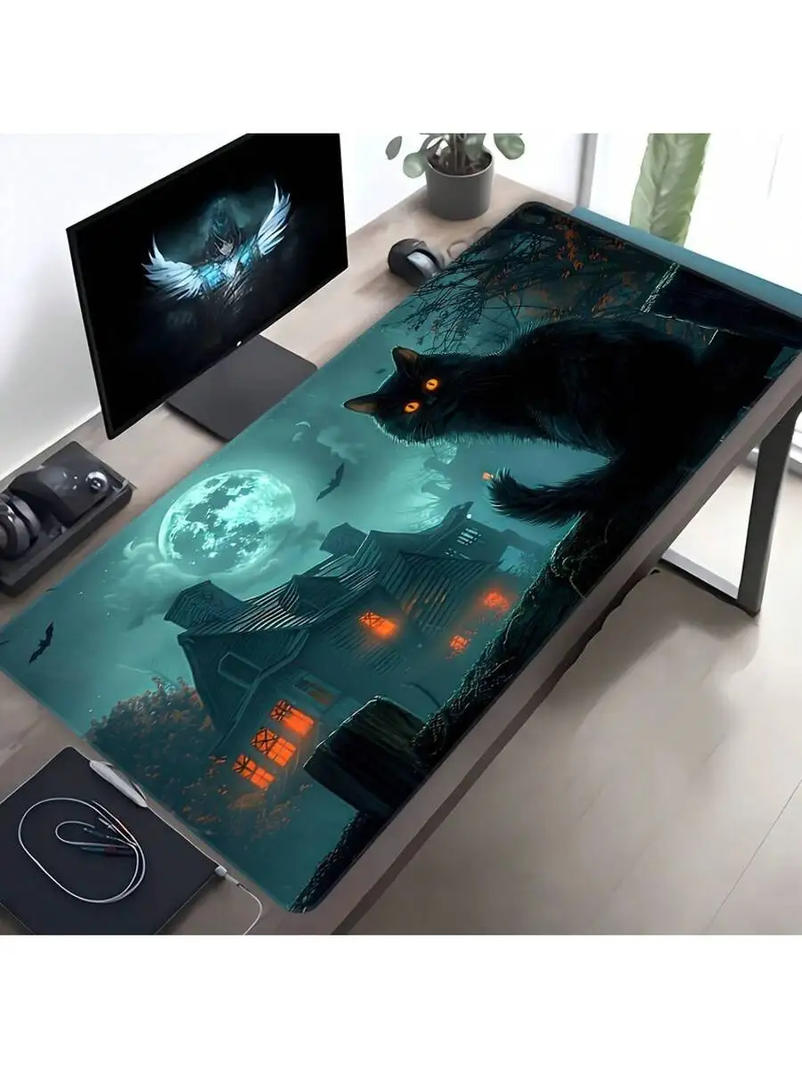 Extra Large Gaming Mouse Pad Haunted House Black Cat Design Non-Slip Rubber Base Stitched Edges HD Print