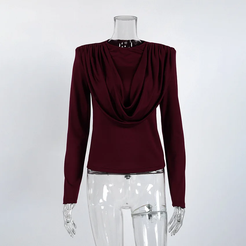 

2026 Fashion Folds T Shirt Women Temperament Style Swing Neck Long Sleeve Tunic Slimming Fashion Autumn Tees Female Clothing