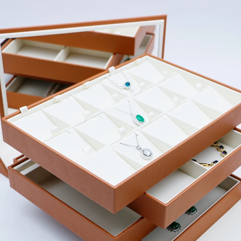 بو الجلود والمجوهرات صندوق سفر متعدد الطبقات الخشب مجوهرات المنظم حالات عرض المجوهرات المخصصة #5