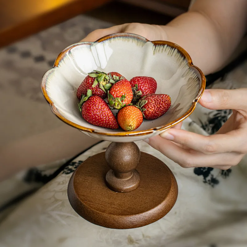

Vintage Floral Ceramic Dessert Plate Wooden Fruit Tray High Foot Cake Stand Home Decor
