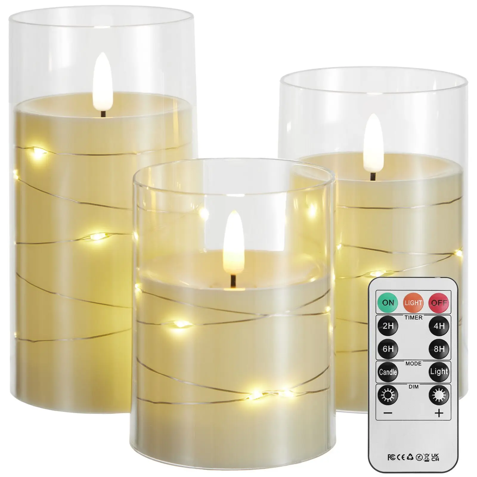 Set of 3 Flickering Candle Unbreakable PlexiGlass LED Battery operate 3D wick Candles w/Remote&timer embedded string table Decor