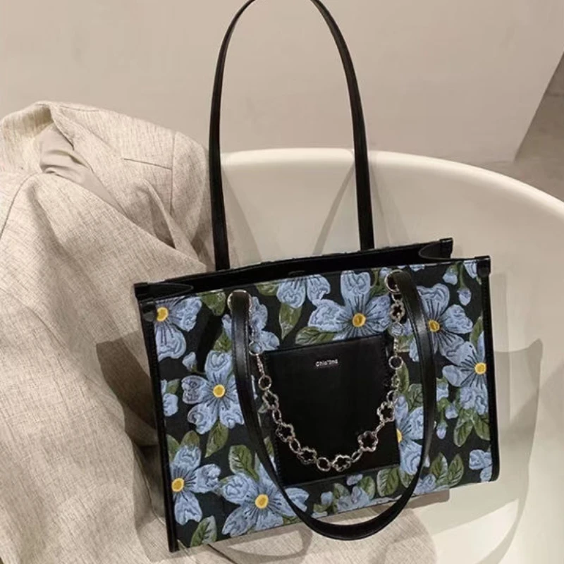 JBTP bolso de hombro de gran capacidad, bolso de mano de cuero Pu con estampado de flores, cadena de letras, estilo de jardín, Vintage, elegante