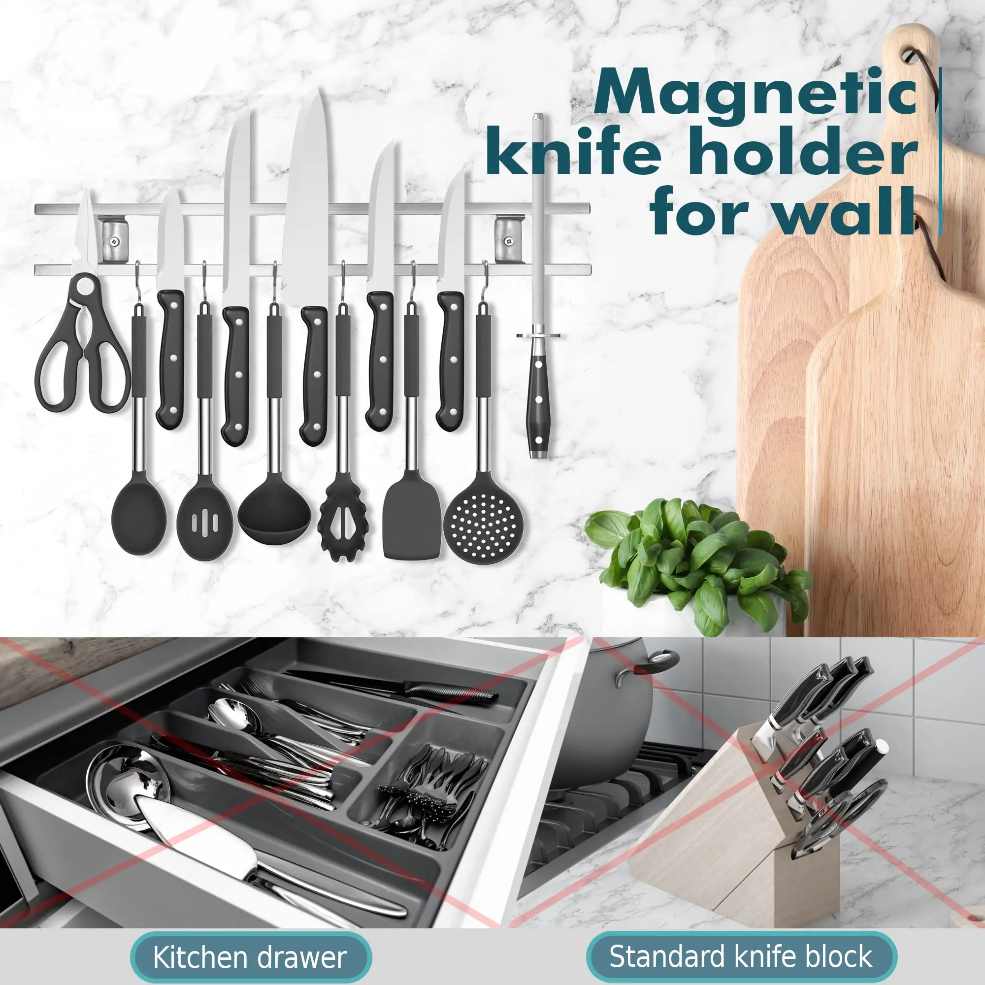 Magnetic Knife Holder for Wall - Stainless Steel Knife Magnetic Strip 18 Inch - Wall Knife Magnet Bar Rack With Hooks