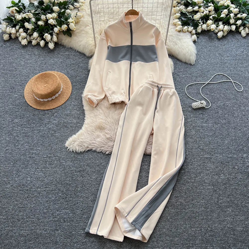 

SuperAen Korean Style Oversize Zippered Cardigan Coat High-waisted Long Wide-leg Pants Fashion Casual Women Two-piece Sets