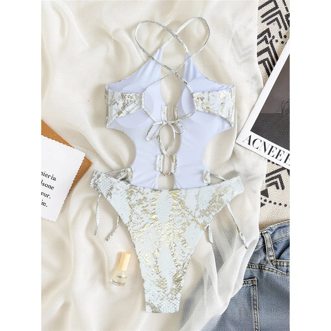 XS - L Neuer Badeanzug mit Schlangenhautmuster, U-Ausschnitt, Cut-Out-Design, einteilig, Damen-Badebekleidung, Monokini mit überkreuztem Rücken, Badeanzug, Schwimmanzug V7990 – Detail 5