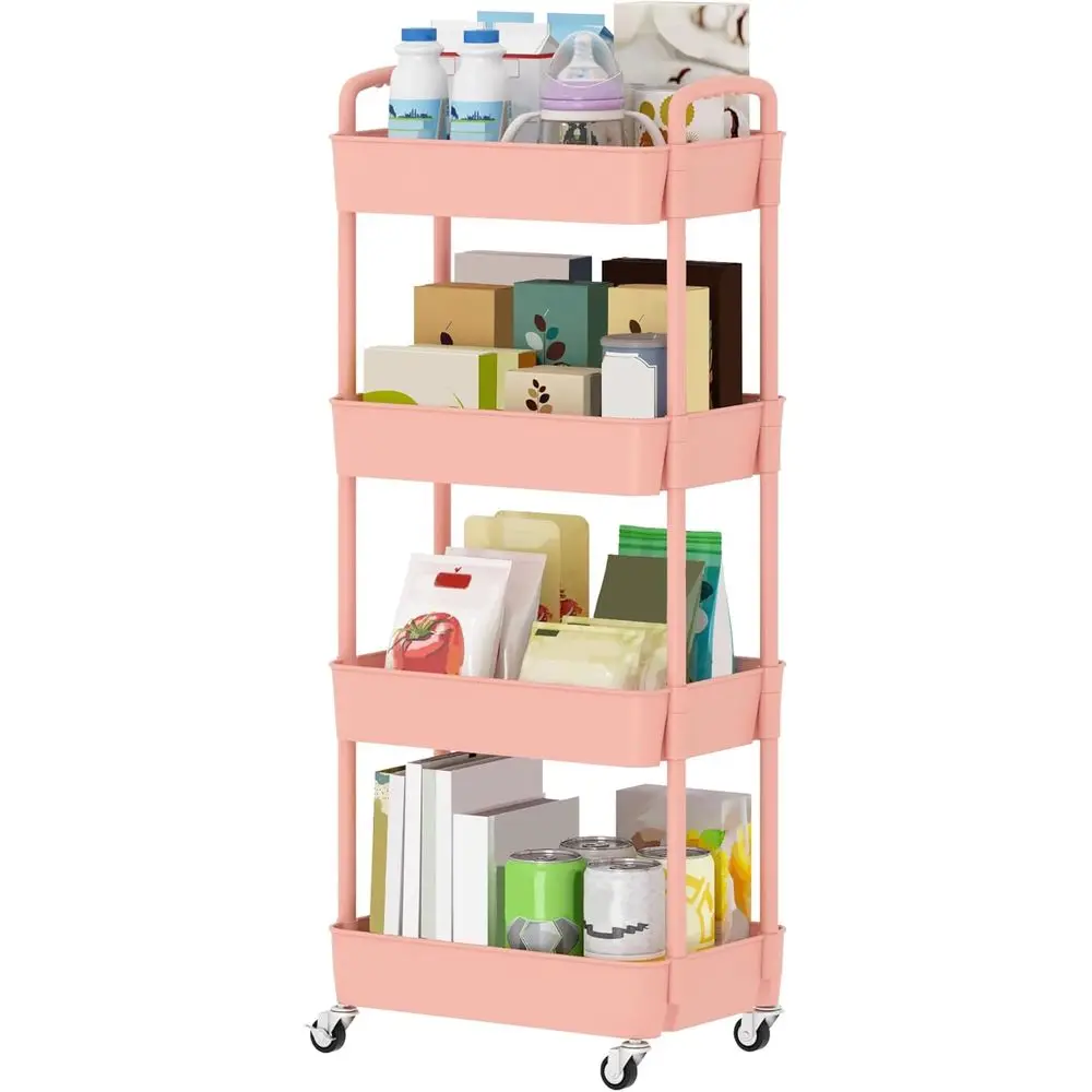 

4-Tier Plastic Rolling Utility Cart with Handle, Multi-unctional Storage Trolley or Oice, Living Room, Kitchen, Movable Storage
