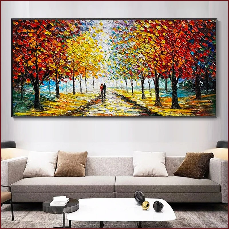 

Large Thick Painted Knife Painting Artwork Couple Forest Oil Painting Autumn Birch Forest Art Abstract Landscape Canvas Wall Art